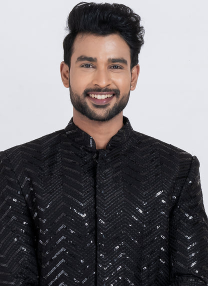 Viscose Rayon Black Festive Wear Sequins Work Readymade Indo Western 371948