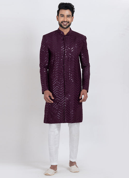 Viscose Rayon Purple Festive Wear Sequins Work Readymade Indo Western 371949