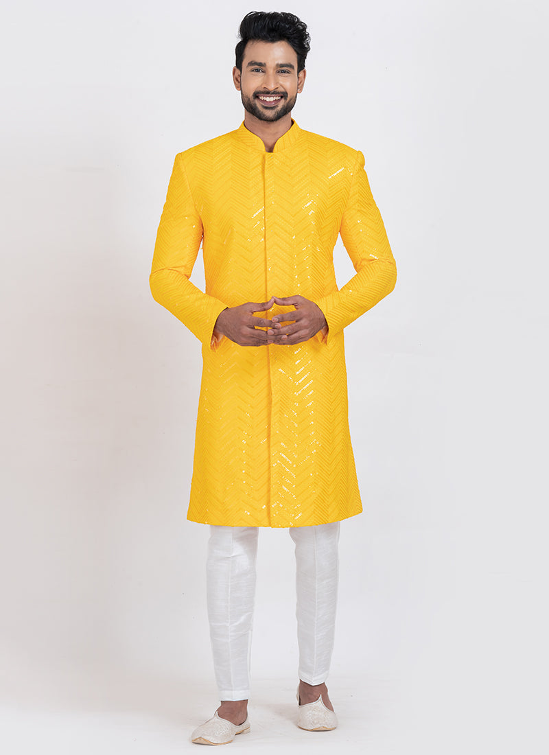 Viscose Rayon Yellow Festive Wear Sequins Work Readymade Indo Western 371950