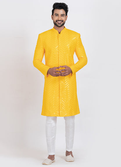 Viscose Rayon Yellow Festive Wear Sequins Work Readymade Indo Western 371950