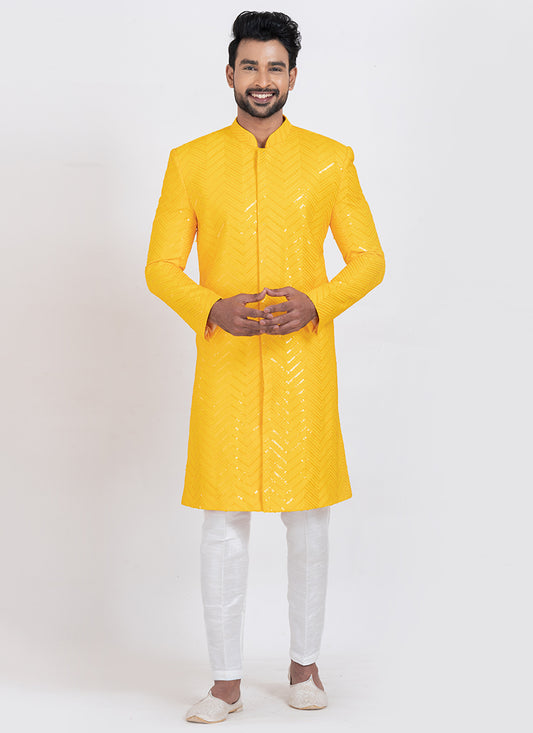 Viscose Rayon Yellow Festive Wear Sequins Work Readymade Indo Western 371950