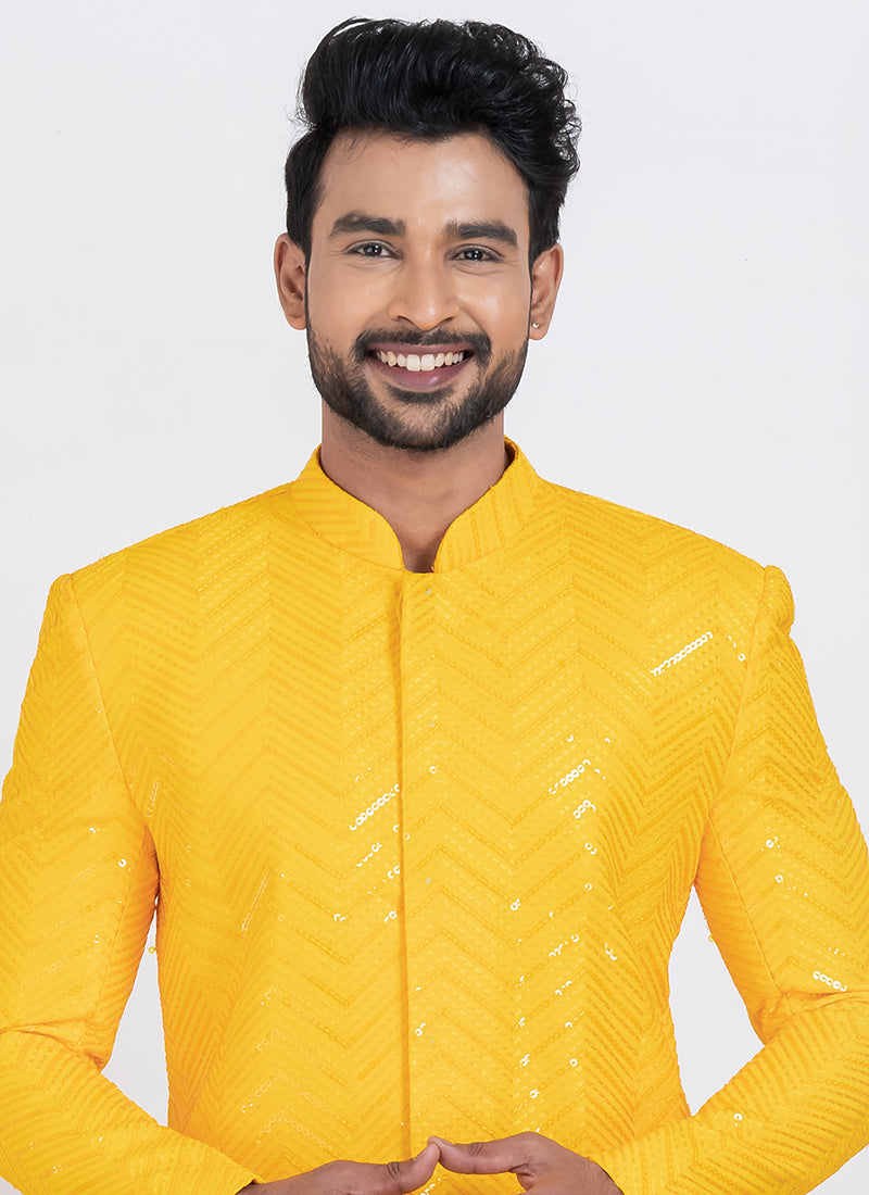 Viscose Rayon Yellow Festive Wear Sequins Work Readymade Indo Western 371950