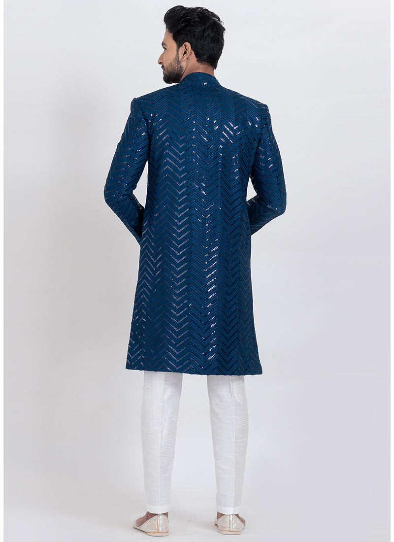 Viscose Rayon Teal Blue Festive Wear Sequins Work Readymade Indo Western 371951