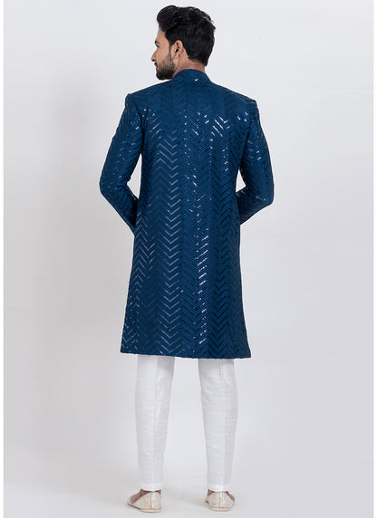 Viscose Rayon Teal Blue Festive Wear Sequins Work Readymade Indo Western 371951