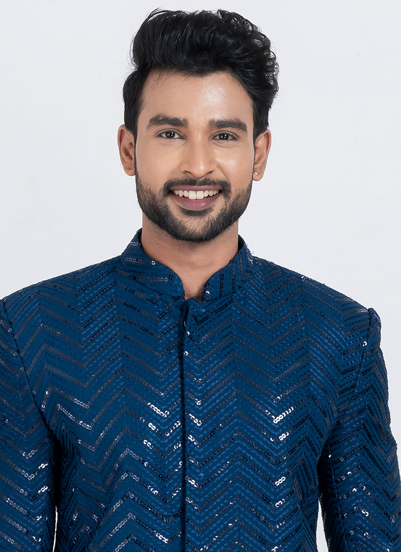 Viscose Rayon Teal Blue Festive Wear Sequins Work Readymade Indo Western 371951