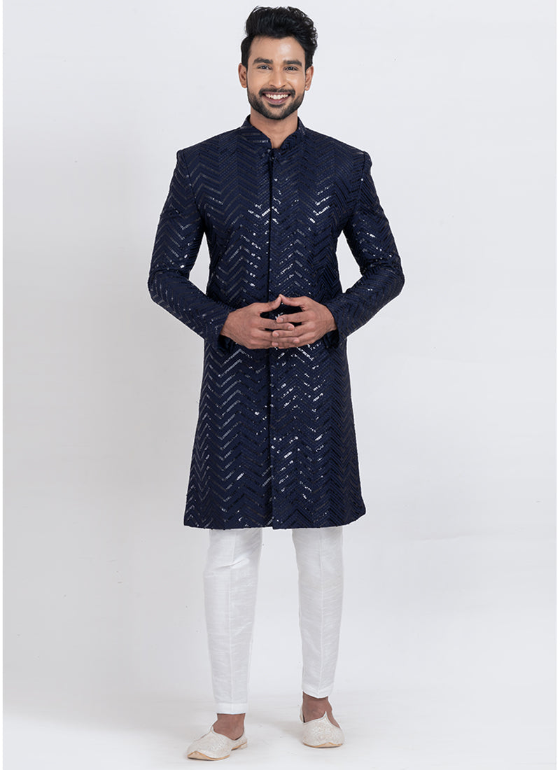 Viscose Rayon Navy Blue Festive Wear Sequins Work Readymade Indo Western 371952