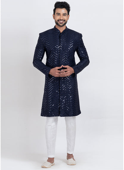 Viscose Rayon Navy Blue Festive Wear Sequins Work Readymade Indo Western 371952