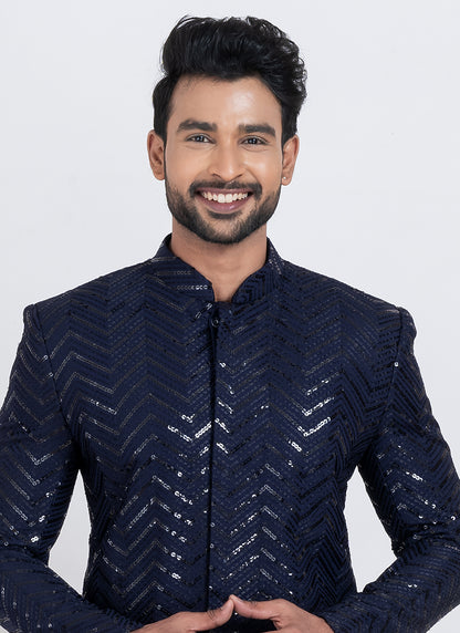 Viscose Rayon Navy Blue Festive Wear Sequins Work Readymade Indo Western 371952