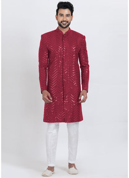 Viscose Rayon Red Festive Wear Sequins Work Readymade Indo Western 371953