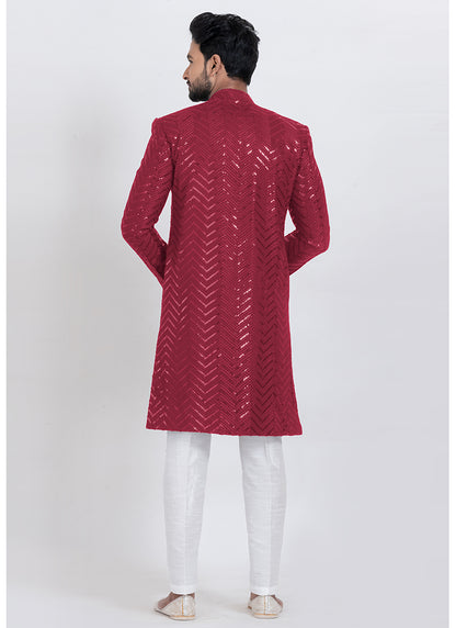 Viscose Rayon Red Festive Wear Sequins Work Readymade Indo Western 371953