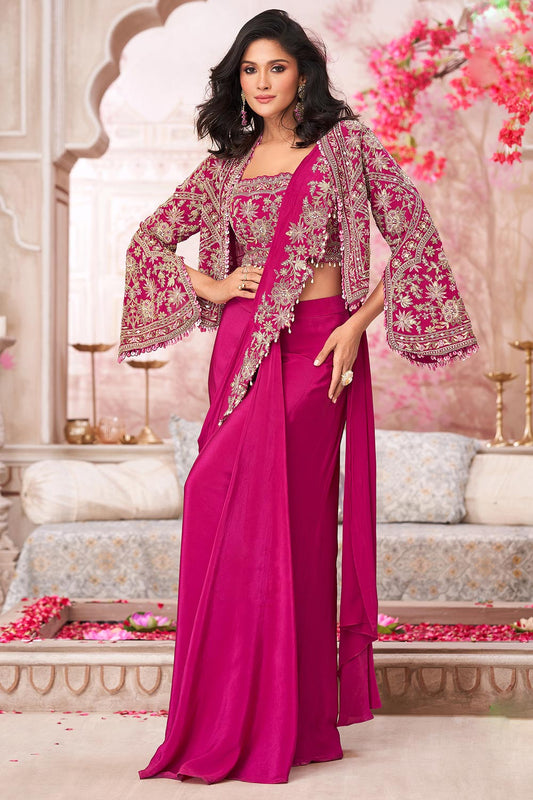 Pre Draped Magenta Pink Crepe Silk Embroidered Saree With Jacket