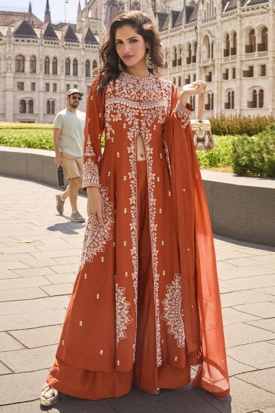 Burnt Orange Silk Embroidered Front Slit Anarkali With Palazzo & Organza Silk Dupatta