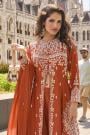 Burnt Orange Silk Embroidered Front Slit Anarkali With Palazzo & Organza Silk Dupatta