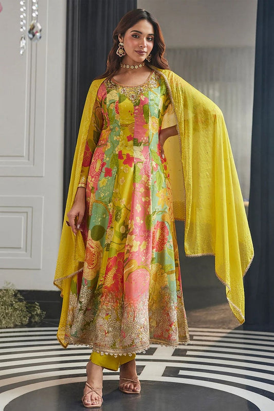 Lemony Yellow & Multicolor Printed & Hand Embroidered Chinon Silk Anarkali Set