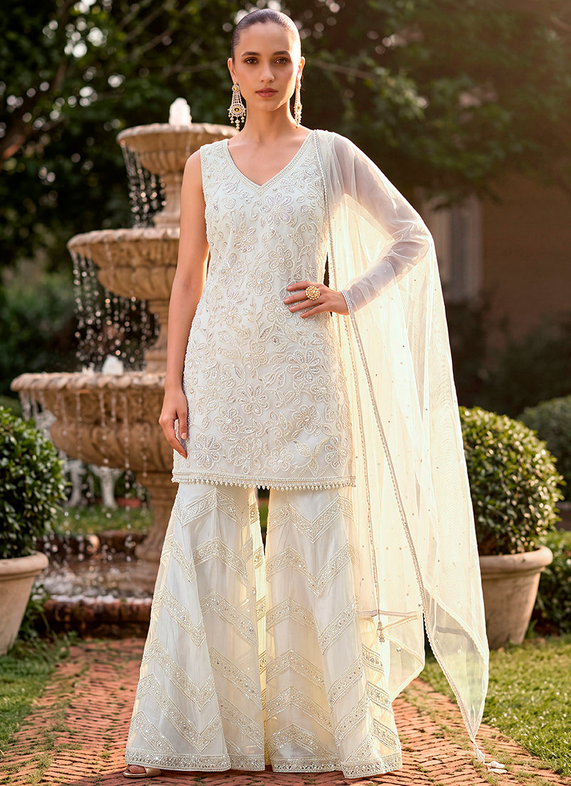 Off White Georgette Thread Work Wedding Wear Readymade Plazzo Suit SW406026