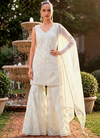 Off White Georgette Thread Work Wedding Wear Readymade Plazzo Suit SW406026