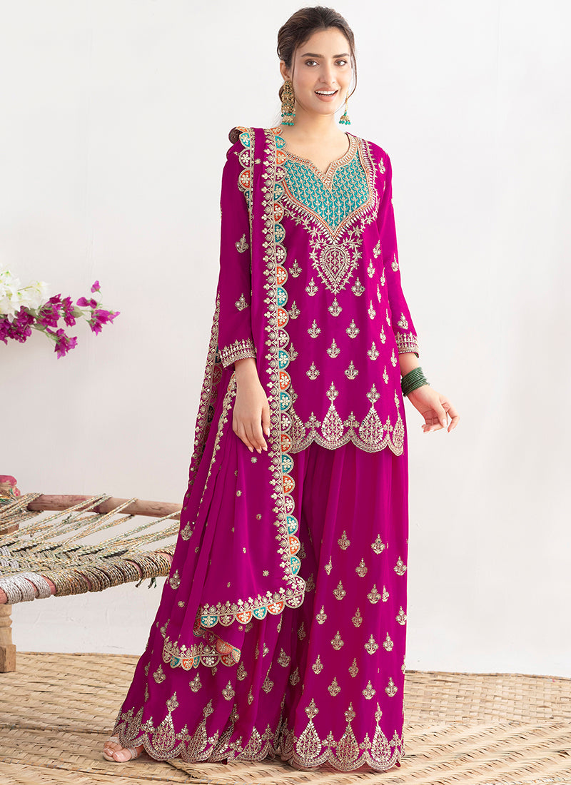 Chinon Magenta Wedding Wear Embroidery Hand Work Readymade Plazzo Suit 387686