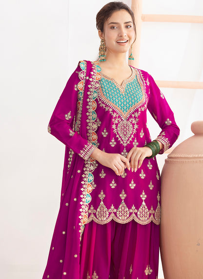 Chinon Magenta Wedding Wear Embroidery Hand Work Readymade Plazzo Suit 387686