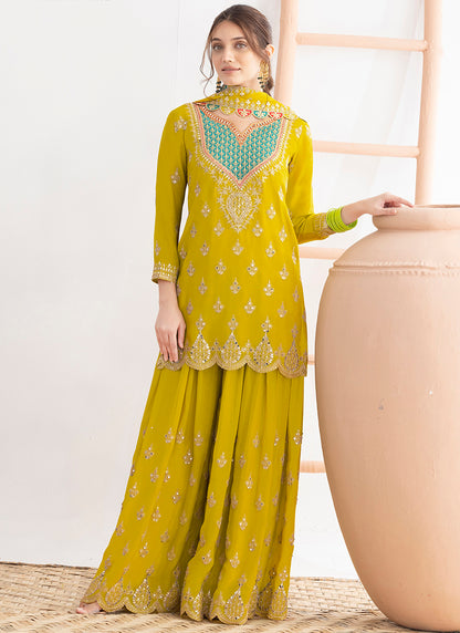 Chinon Lime Green Wedding Wear Embroidery Hand Work Readymade Plazzo Suit 387687