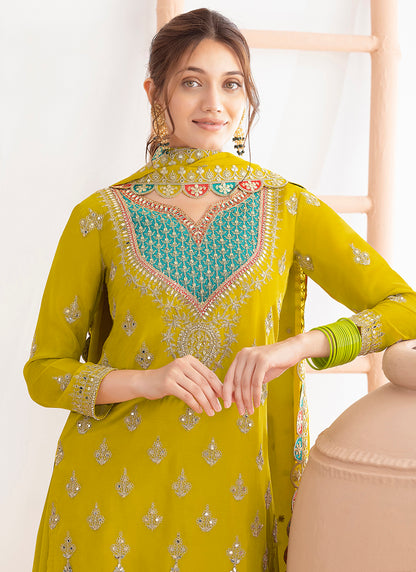 Chinon Lime Green Wedding Wear Embroidery Hand Work Readymade Plazzo Suit 387687
