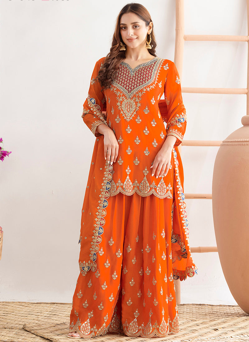 Chinon Orange Wedding Wear Embroidery Hand Work Readymade Plazzo Suit 387688