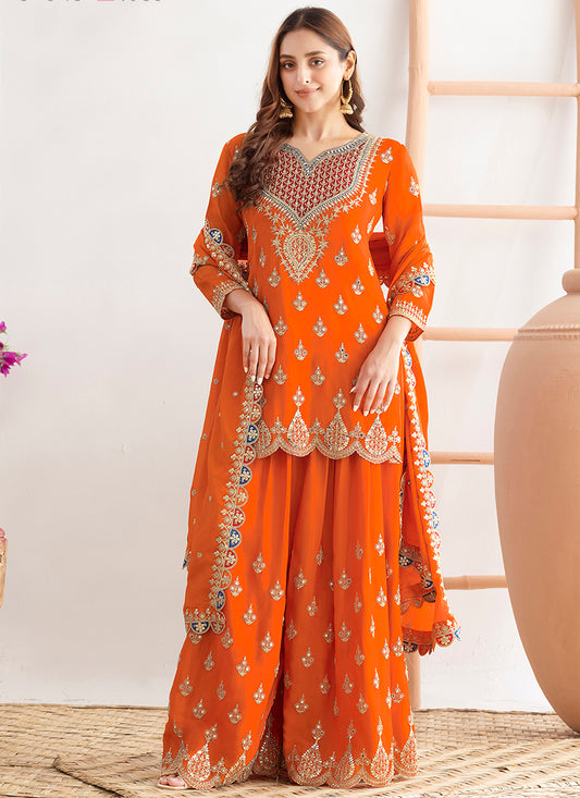 Chinon Orange Wedding Wear Embroidery Hand Work Readymade Plazzo Suit 387688