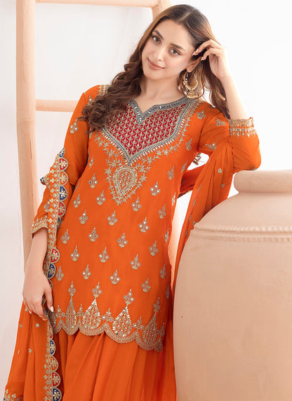 Chinon Orange Wedding Wear Embroidery Hand Work Readymade Plazzo Suit 387688