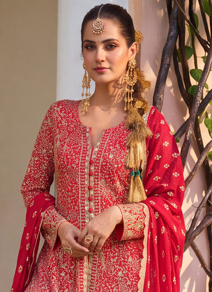 Red Georgette Embroidery Work Occasional Wear Readymade Palazzo Suit SW404895