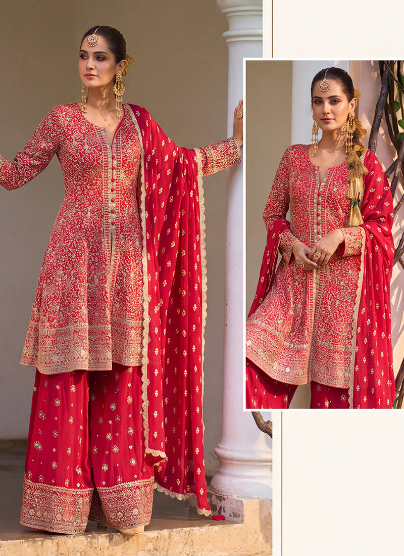 Red Georgette Embroidery Work Occasional Wear Readymade Palazzo Suit SW404895