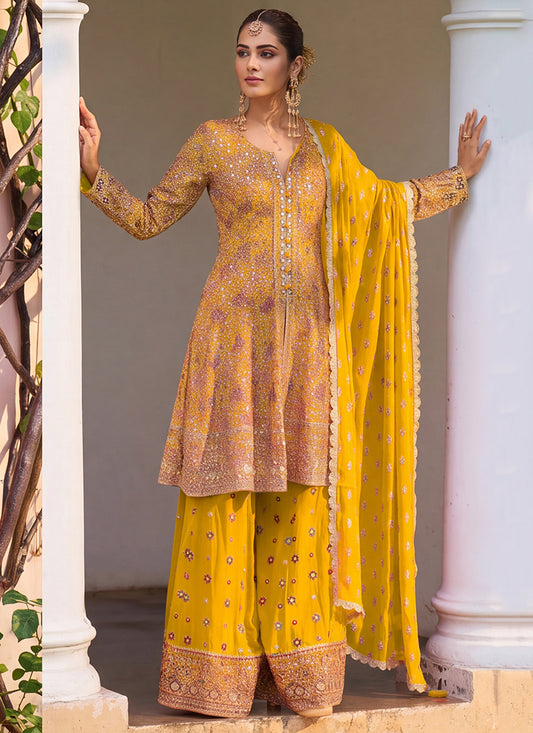 Yellow Georgette Embroidery Work Occasional Wear Readymade Palazzo Suit SW404896