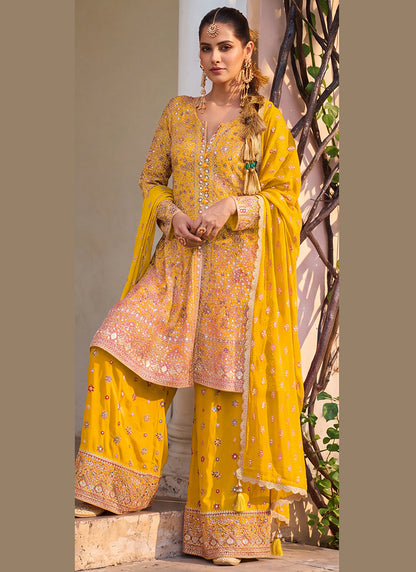 Yellow Georgette Embroidery Work Occasional Wear Readymade Palazzo Suit SW404896