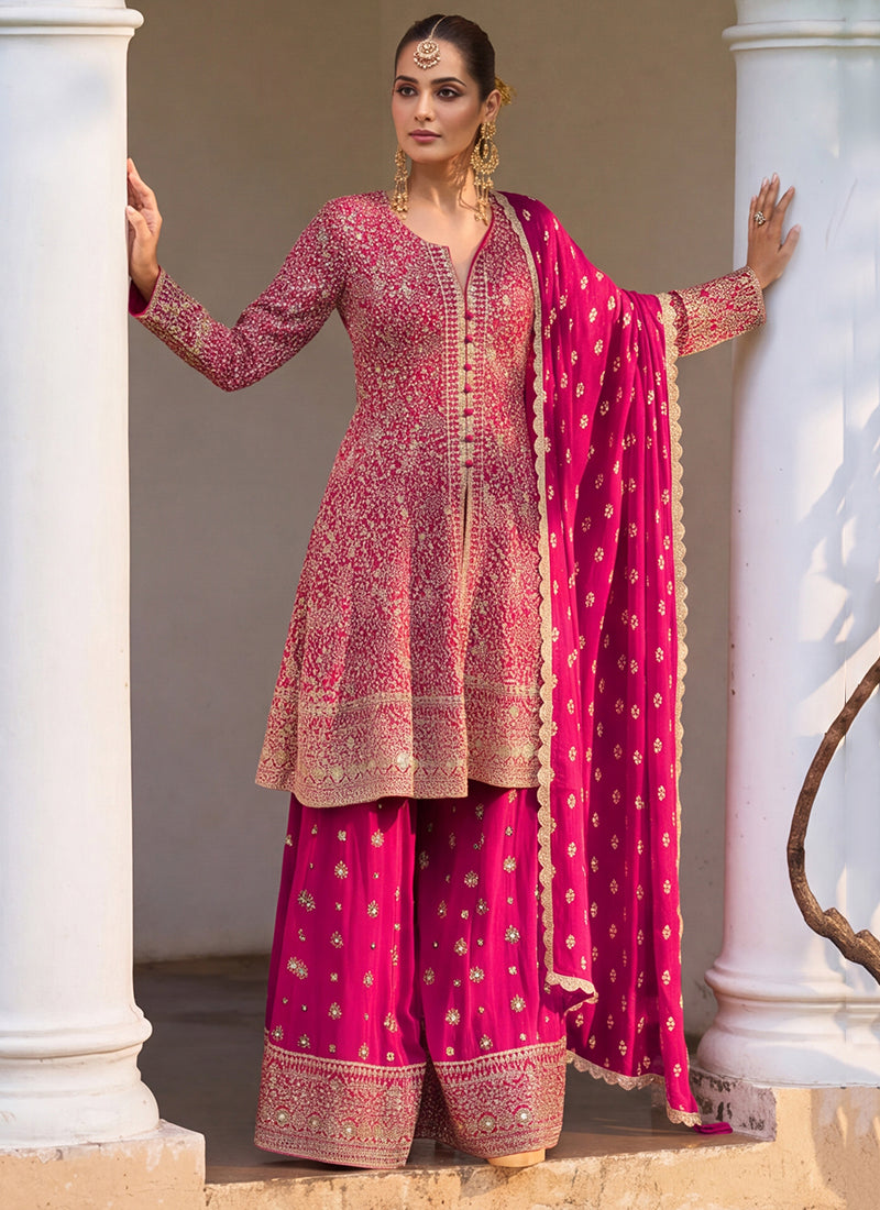 Rani Pink Georgette Embroidery Work Occasional Wear Readymade Palazzo Suit SW404897