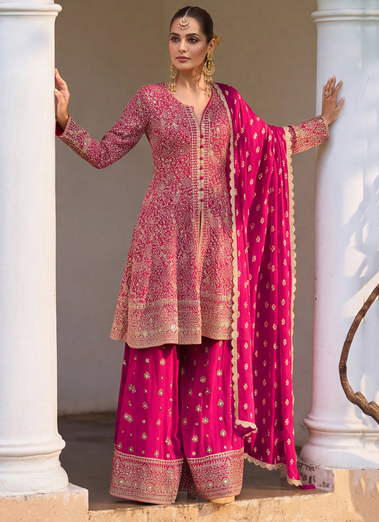 Rani Pink Georgette Embroidery Work Occasional Wear Readymade Palazzo Suit SW404897