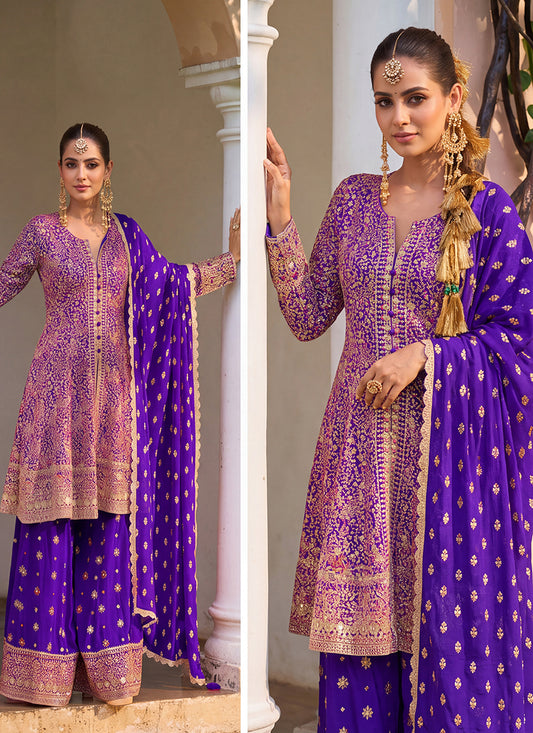 Purple Georgette Embroidery Work Occasional Wear Readymade Palazzo Suit SW404898