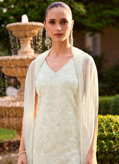 Off White Georgette Thread Work Wedding Wear Readymade Plazzo Suit SW406026