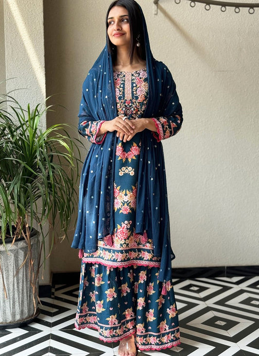 Rayon Blue Festival Wear Printed Work Readymade Plazzo Suit 387192