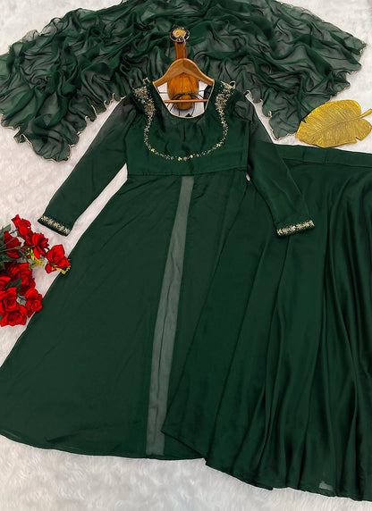 Silk Green Party Wear Embroidery Work Readymade Western Suit 386896
