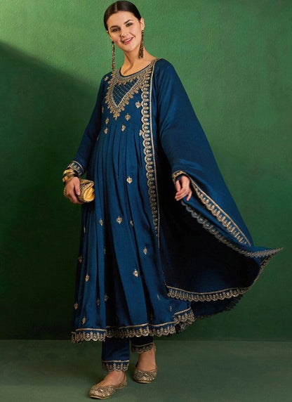 Vichitra Silk Navy Blue Festival Wear Sequins Work Readymade Anarkali Suit 386904