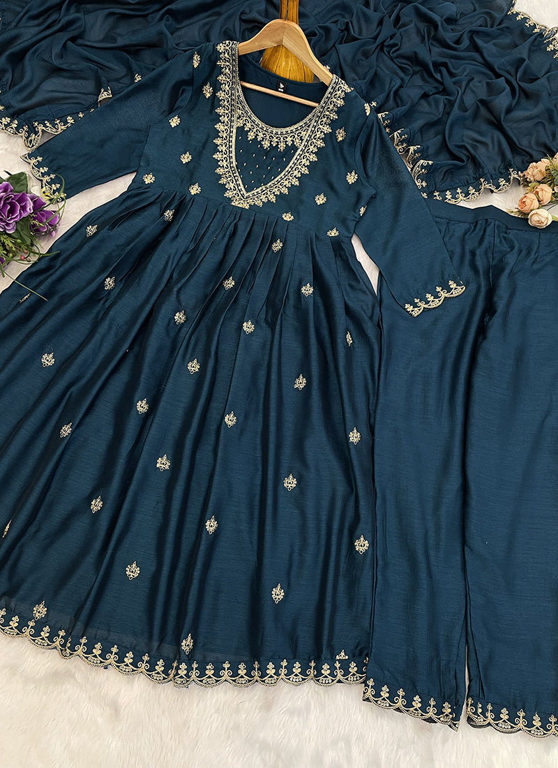 Vichitra Silk Navy Blue Festival Wear Sequins Work Readymade Anarkali Suit 386904