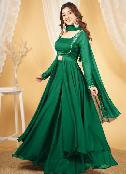 Silk Green Party Wear Embroidery Work Readymade Western Suit 386896
