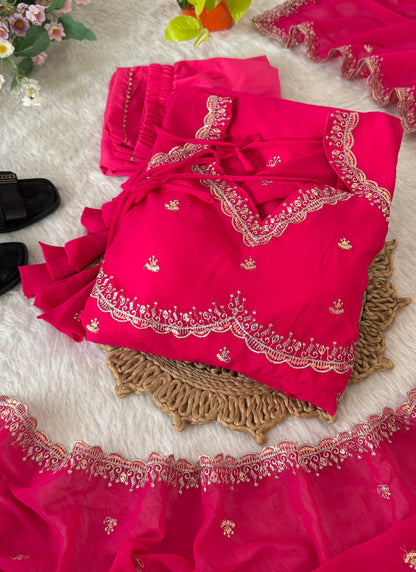 Faux Georgette Rani Pink Festival Wear Embroidery Work Readymade Anarkali Gown 385965