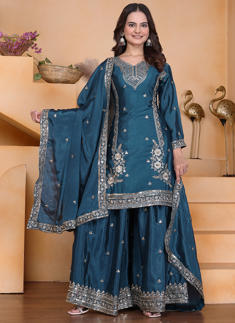 Chinon Teal Blue Wedding Wear Embroidery Work Readymade Plazzo Suit 387668