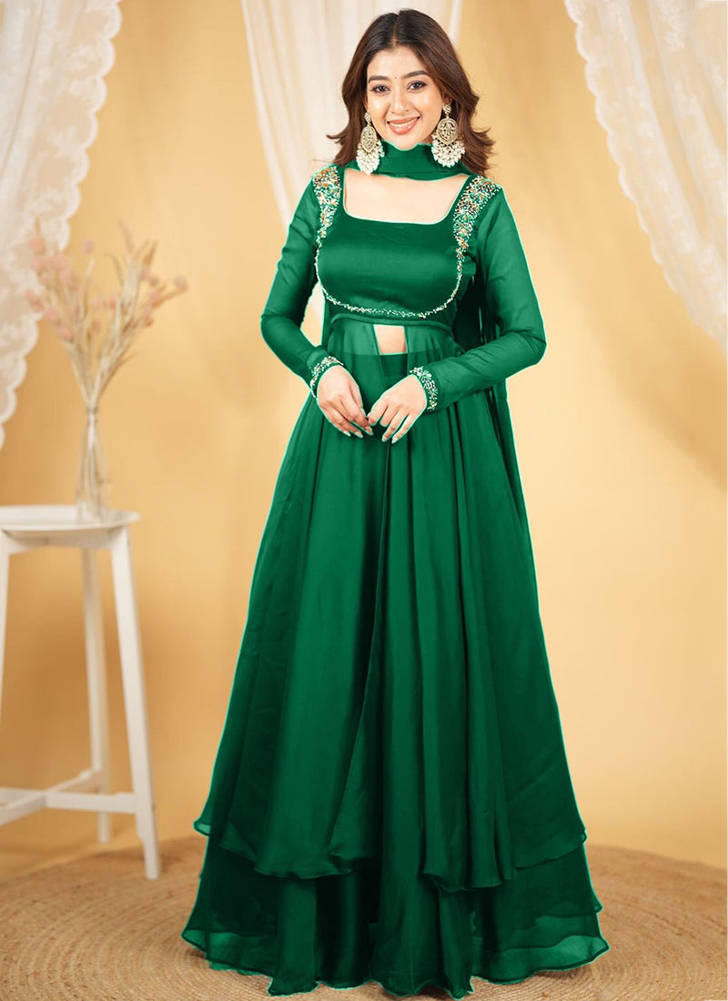 Silk Green Party Wear Embroidery Work Readymade Western Suit 386896