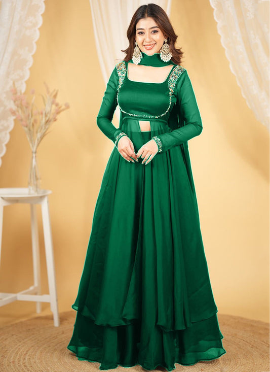 Silk Green Party Wear Embroidery Work Readymade Western Suit 386896