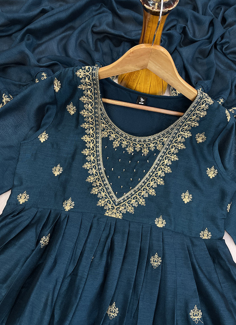 Vichitra Silk Navy Blue Festival Wear Sequins Work Readymade Anarkali Suit 386904