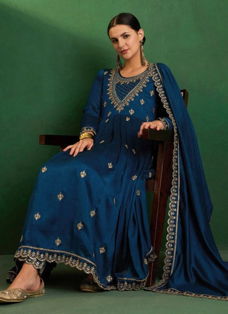 Vichitra Silk Navy Blue Festival Wear Sequins Work Readymade Anarkali Suit 386904