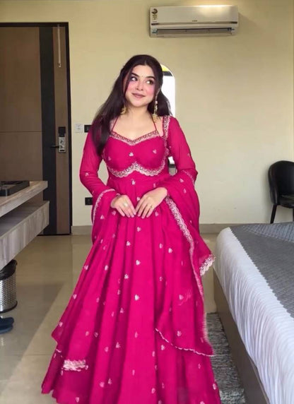 Faux Georgette Rani Pink Festival Wear Embroidery Work Readymade Anarkali Gown 385965