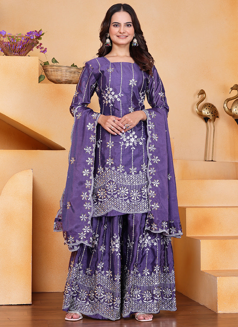 Chinon Purple Wedding Wear Embroidery Work Readymade Plazzo Suit 387669
