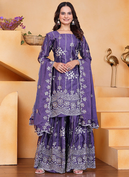 Chinon Purple Wedding Wear Embroidery Work Readymade Plazzo Suit 387669