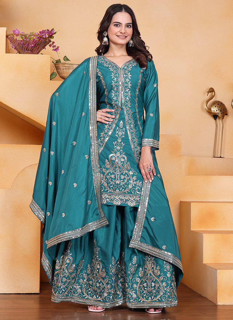 Crepe Teal Green Wedding Wear Embroidery Work Readymade Plazzo Suit 387670
